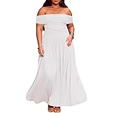 AWASIR Women's Off The Shoulder Maxi Dress Bodycon Ruched Flowy Long Dresses Pleated Summer Dress