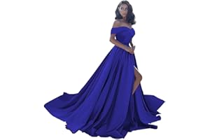 HOMDOR Off Shoulder Satin Prom Dresses Ball Gown Plus Size Formal Dresses for Women Wedding Dress with Slit