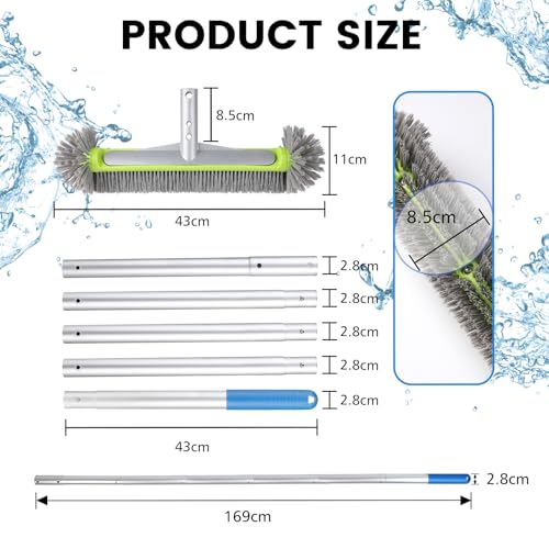 LALAGO Pool Brush, Pool Cleaning Brush, Brush Head with 175 cm Aluminium Handle, Cleaning Brush for Cleaning Bottom, Wall Brush for Swimming Pool (with Handle)