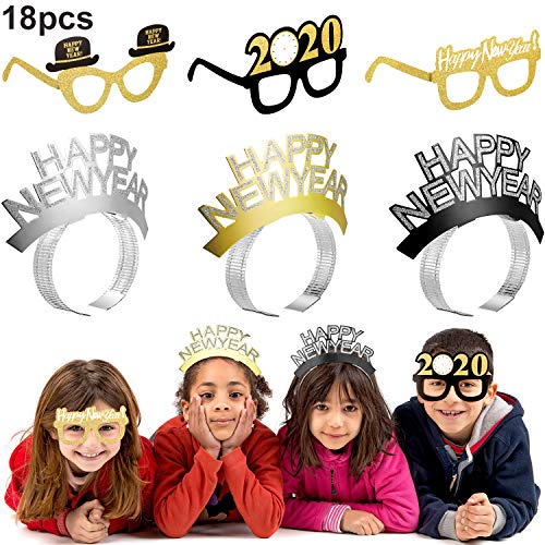 18 Pieces New Year Photo Prop Decorations, Including 9 Pieces Happy New Year Headband, 9 Pieces Glitter Decorative Eyeglasses Frames for 2020 New Year Party Favors