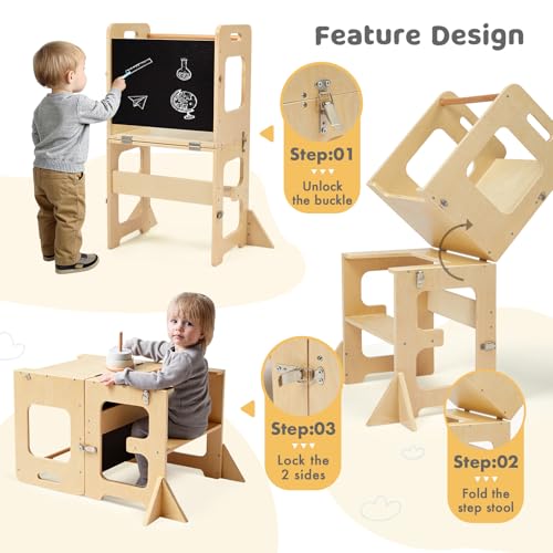 Labebe Montessori Children's Tower, 3 in 1 Folding Teaching Tower, Ladder Children's Stool with Blackboard, Montessori Wood Tower for Kitchen Utensils from 18 Months (Wood)