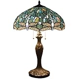 Tiffany Style Table Lamp Desk Beside Lamps 24 Inch Tall Sea Blue Stained Glass Shade Crystal Bead Dragonfly 2 Light Antique Zinc Base for Coffee Table Living Room Bedroom S147 WERFACTORY