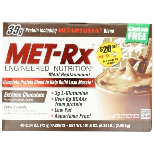 MET-Rx Meal Replacement powder boxed - Extreme Chocolate, 72 grams, 40-Count Packets Box image