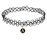 COZYLIFE Black Stretch Gothic Tattoo Henna Magic Choker Necklace with 26 Letter Pendant (A)
