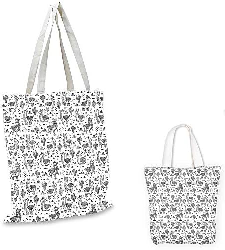 Llama canvas laptop bag Abstract Triangles with Doodle Style Alpacas in Monochrome Design Cartoon Pattern canvas tote bag with pockets Black White. 12"x15"-10"