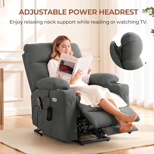 Power Lift Recliner Chair for Elderly with Adjustable Headrest, Triple Motor Zero Gravity Recliner Chairs for Adults with Massage & Heat, Extended Footrest, Cup Holder, Lumbar Pillow, Fabric (Grey)