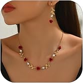 NOVYRA Red Rose Jewelry Set for Women Dainty Adjustable Gold Rose Leaf Imitation Pearl Pendant Earrings Necklace Bracelet Set Fashion Wedding, Prom, Valentine's Day, Birthday Party Jewelry for Women