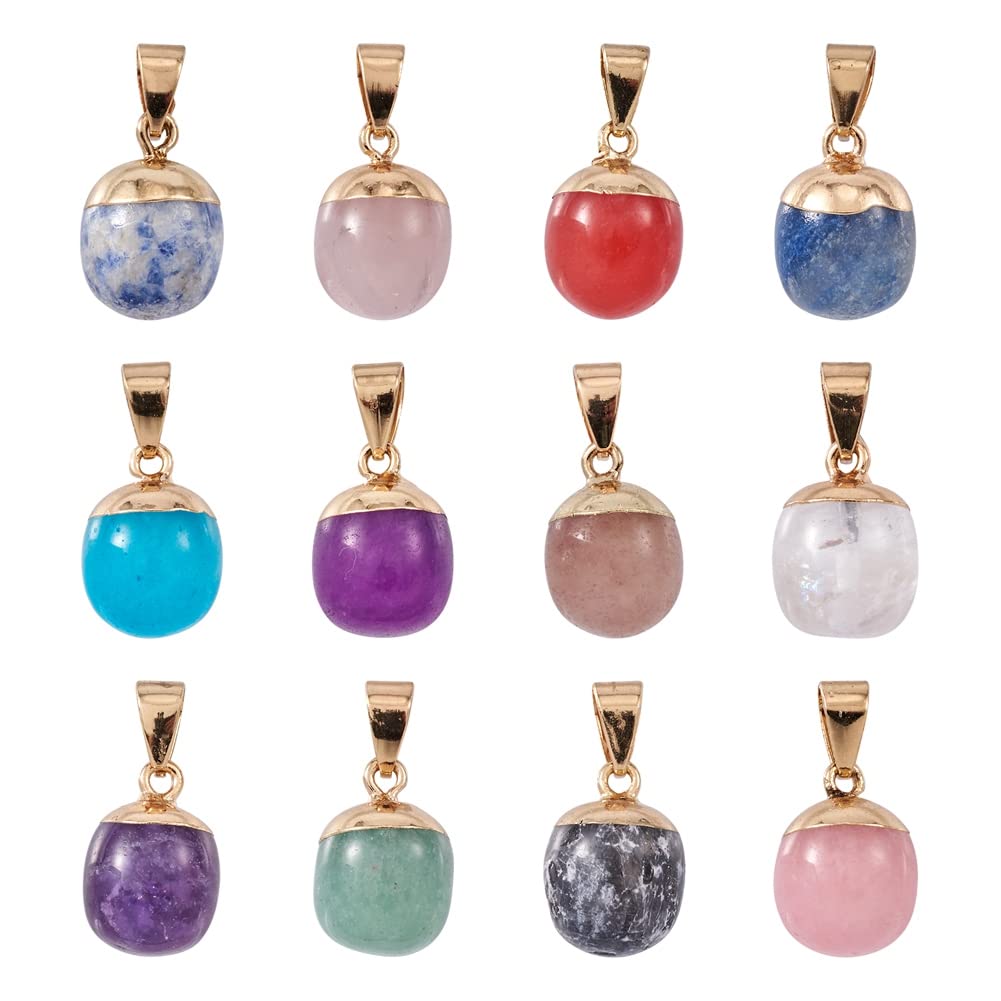 PandaHall 12pcs Natural Mixed Stone Pendants 12 Styles Barrel Shape Healing Chakra Beads Crystal Quartz Stone Charms Pendants with Golden Bails for Jewelry Making