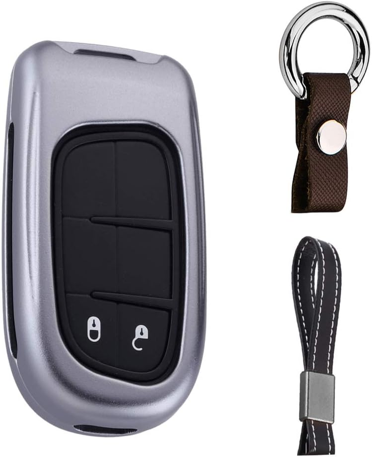 Gray Premium Aluminum Metal Car Key Case Shell Cover with Key Chain for Dodge JCUV Journey Dodge RAM FIAT Freemont