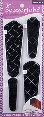 Scissors sheaths by SCISSORFOBZ with ScissorGripper -Value Pack-4 Sizes- Designer Scissor Covers Holders for Embroidery Sewing Quilting - Quilters sewers Gift -Black Silver Doted Diamonds Design.S-21