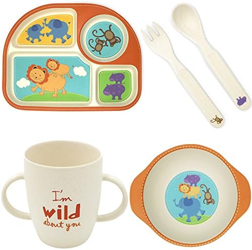 Bamboo Plates More Eco-Friendly, Cartoon Dinner Plate Sets Easily Wash Clean, 5 Pieces Kids Meal Sets For 1-6 Years Old Children's Tableware Gift-Set（Lion)