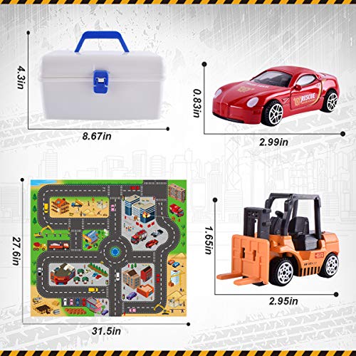 HONYAT Engineering Construction Vehicles Toys Set with Play Mat and Car Storage Box ,10 Alloy Cars Include Fire Trucks -with Accessories and Tower Crane ,Gift for Boys and Girls Ages 3-12.