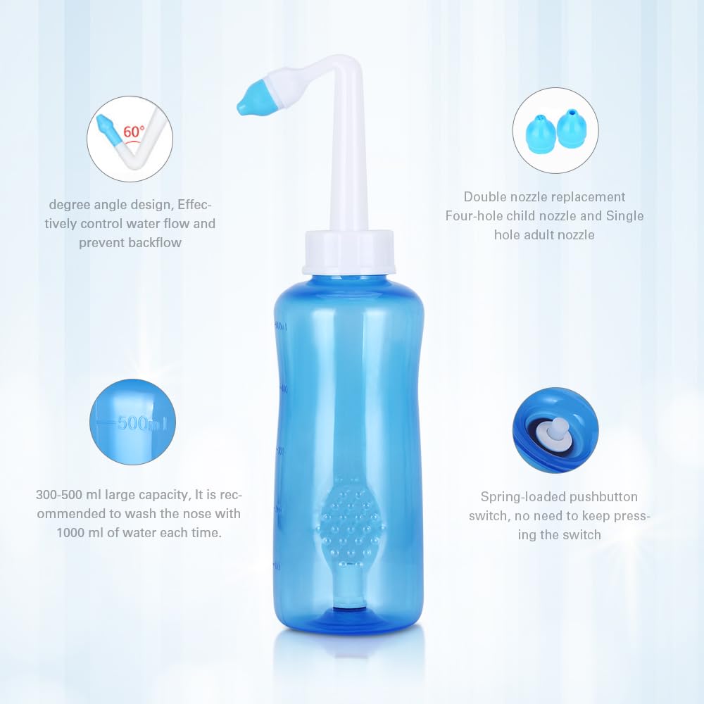 OUSHOP 500ml Neti Pot Sinus Rinse Bottle Nose Wash Cleaner 17oz Wash Bottle for Adult & Kid with 2 Nozzles