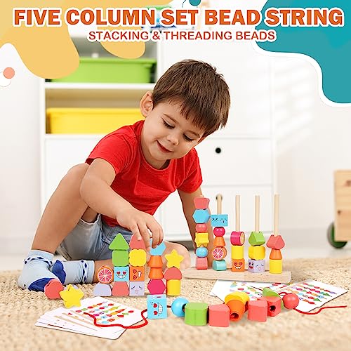 Kvintes Montessori Wooden Bead Sequencing Toy Set Wood Lacing Beads