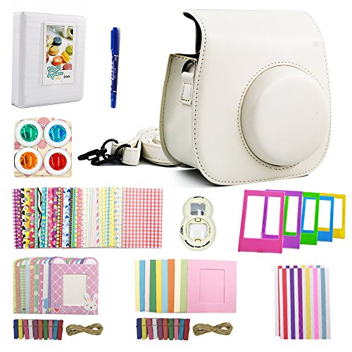 Shaveh 11 in 1 Camera Accessories for Fujifilm Instax Mini 7/8 or Mini 9 Include Camera Case/Album/Selfie Lens/Colored Filters/Wall Hang Frames/Film Frames/Border Stickers/Corner Stickers/Pen (White)