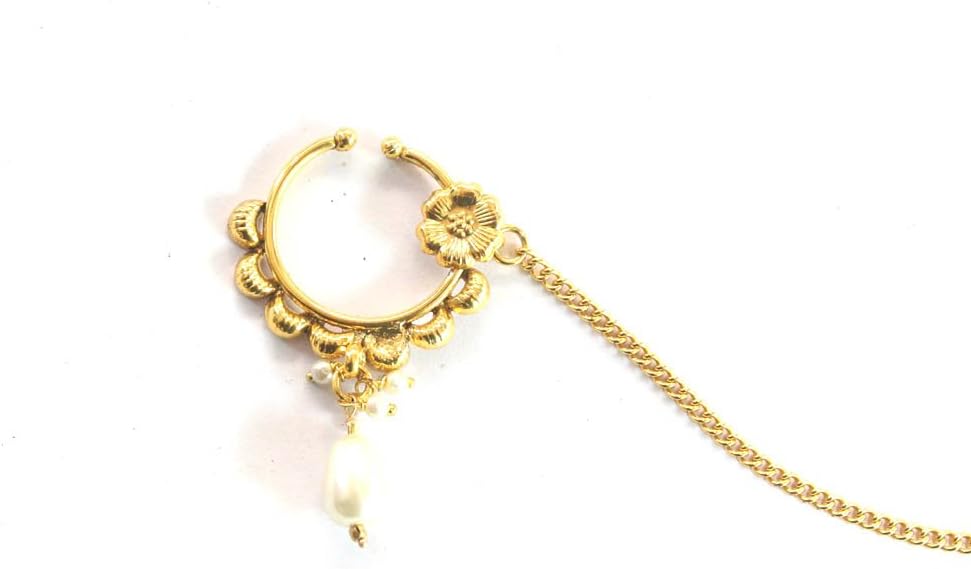 Bollywood Gold Nose to Ear Chain Ring/Indian Polki Nath Ethnic Traditional Jewelry