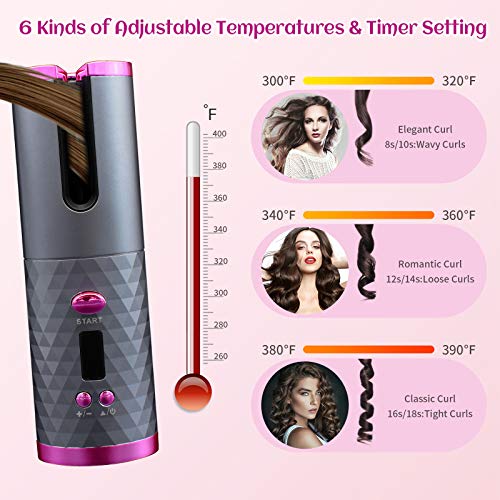 SULELA Cordless Hair Curler, Automatic Curling Iron with 6 Temperature Auto Rotating Ceramic Barrel Hair Curler Fast Heating, Portable USB Rechargeable Beach Waves Curling Iron Wand No Skills Required