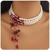 Jumwrit Vintage Layered Pearl Choker Necklace Dainty Chunky Chain Multi Strand Pearl Beaded Necklace Boho Rhinestone Tassel 3 Tier Halloween Vampire Necklace Statement Accessories for Women