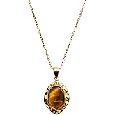 Sokisen okisen Vintage Tiger Eye Necklace, 14K Gold Plated Stainless Steel, Natural Stone Pendant, Waterproof Hypoallergenic, Adjustable Chain 19.68-21.64 Inches, Brown, Spiritual Jewelry