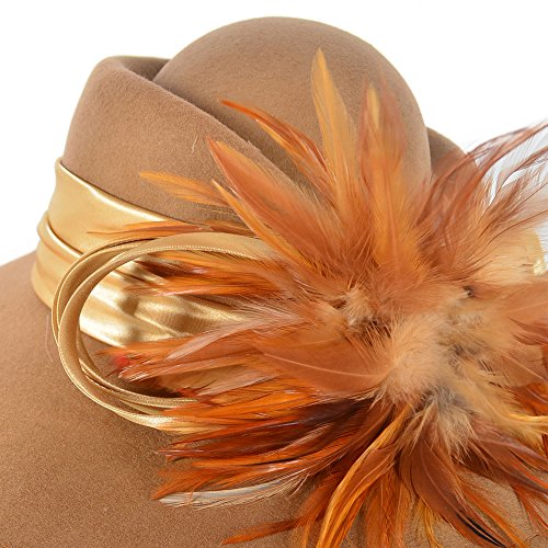 Ladies 100% Wool Felt Feather Cocktail British Formal Party Hat (Camel)