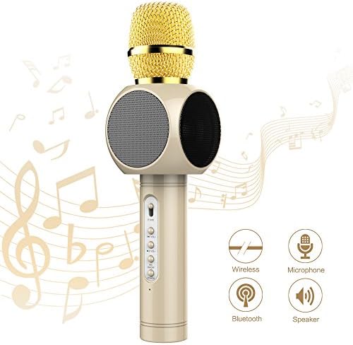 Upgraded Wireless Karaoke Microphone, Imbeang 3-in-1 2600mAh Portable Built-in Bluetooth Speaker Player for Home KTV Singing Support iPhone Android Apple PC or Smartphone(gold)