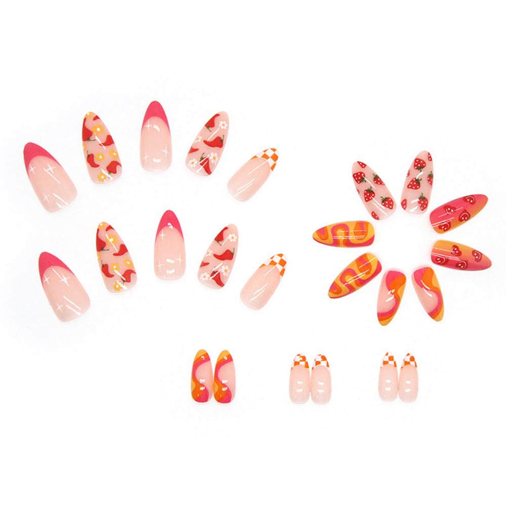 24 Pcs Press on Almond Medium French Tip Acrylic Fake Nails with Fruit Colorful Swirl Patterns Designs Full Cover Reusable False Nails Set for Women Glue on Stick on Nail Art - Image 3
