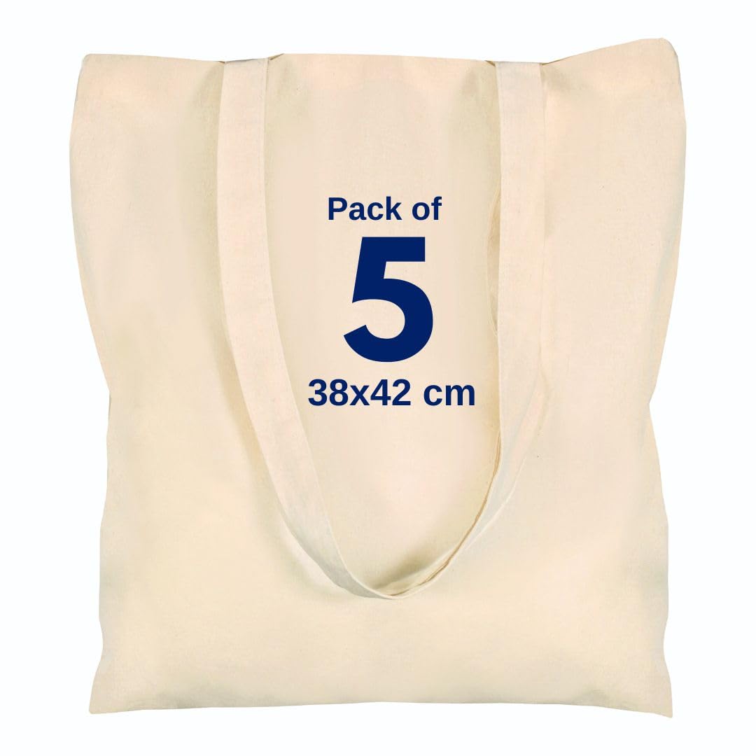 Cotton Canvas Plain Tote Bags to Decorate in Bulk Pack of 3/5/10/25, 145gsm 100% Natural Cotton Premium Fabric Blank Reusable Large Canvas bag -38 X 42 cm+65cm long Handles (Pack of 5-Natural)