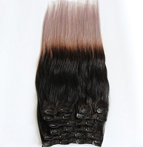 Extra Thick Deluxe 100% Real Human Hair Remy Hair Extensions Clip In Extensions 20Inch 190G T1B/Grey Balayage Color Ombre Dip Dye From Natural Black #1B To Grey