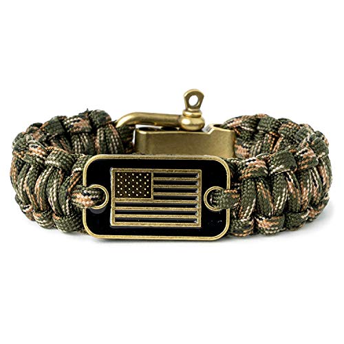 iHeartDogs Camo Paracord Bracelet Tactical Survival Bracelet for Men with Bronze USA Flag