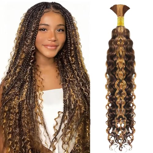 Human Braiding Hair 1 Bundle Water Wave Bulk Hair for Braiding 100% Unprocessed Brazilian Human Hair No Weft Highlight P4/27 Hair Extensions for Boho Braids (26 inch/50g)