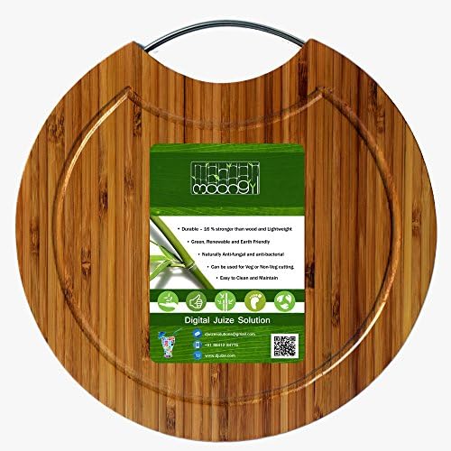 Moongil Cutting and Chopping Slicing Antibacterial Surface Bamboo Wooden Board Best for Vegetable Meat Fruits Cheese - Circle with Steel Handle