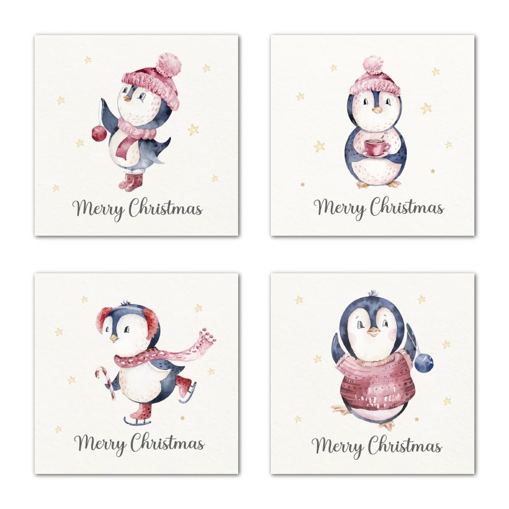 Papa Prints School Childrens Xmas Cards Class Christmas Cards Pack of 24 Christmas Cards with Envelopes (100 x 100 mm) Christmas Cards Multipack (Penguin Xmas)