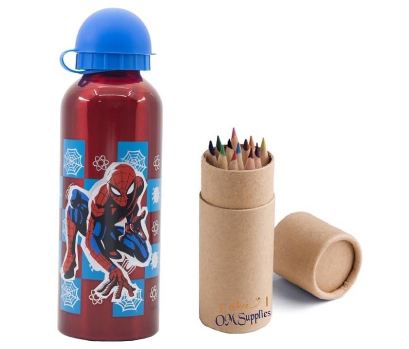 OM SUPPLIES Spiderman Characters Aluminium Sports Bottle 530ml - Holiday, Back to School Water Drinking Kids Lunch Children Includes Half Size 12pcs (Spiderman)