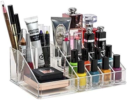 Clothsfab Multi Grid Acrylic Makeup Organiser Transparent Makeup Cosmetic Storage Box Lipstick Nail Paint Polish Holder Display Stand Organizer 16 Compartment Cosmetic Makeup Jewellery Lipstick Storage Organiser Holder Box, 22Lx13Wx8H