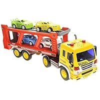 Playee Friction Powered Transport Car Carrier Truck Toy for Boys and Girls, Lights and Sounds and Ramp Includes 4 Plastic Cars - Batteries Included