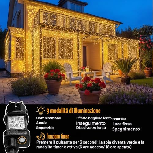 yowin 6 m x 3 m 600 LED Waterfall Lights Waterproof IP65 with Timer, 8 Modes Tent Lights with Socket for Wedding, Gazebo, Window, Wall, Garden – Warm White