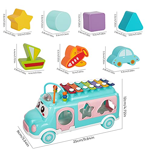 DeeXop Baby Toys 12-18 Months+ Activity Cube Toy Bus include Xilofono, Shape Sorter, Pull Along Toys per 1 anno, Toddler giocattoli educativi per lo sviluppo musicale e forma