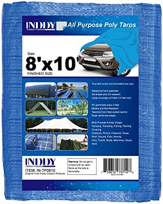 Inddy Tarps 8 x 10 Feet Blue Canvas Tarp Waterproof Poly Tarp Cover 5 Mil Thick 8 x 8 Weave Heavy duty tarp for camping shelter tent car boat truck cover sunshade and UV Resistant