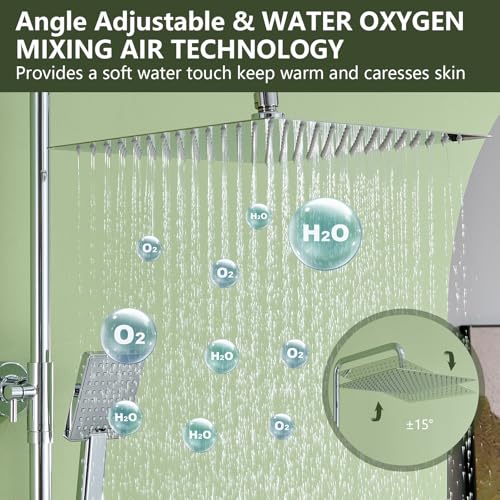 DelnVior Thermostatic Shower System Stainless Steel 12" Square Rain Shower Head Hand Shower Single Spray Mode Shower Faucet Complete Set Height Adjustable with Anti-Scald Protection Water Saving