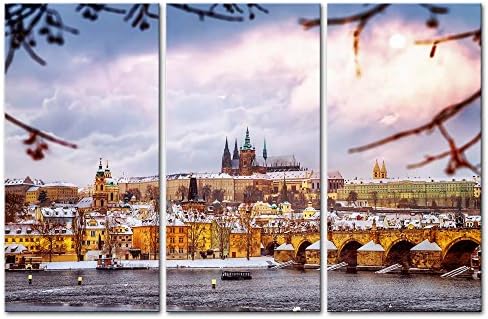 3 Pieces Modern Canvas Painting Wall Art The Picture For Home Decoration Charles Bridge In Prague Czech In Winter With European Medieval Buildings Place Other Print On Canvas Giclee Artwork For Wall Decor