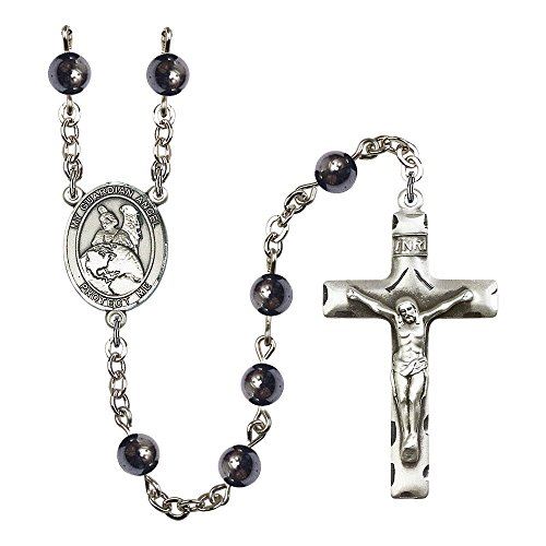 Guardian Angel Protector Silver-Plated Rosary 6mm Hematite Beads Crucifix Size 1 3/4 x 1 medal charm