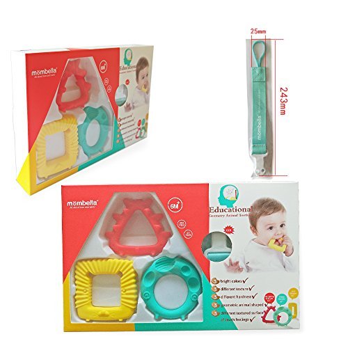 Mombella 3M+ geometry silicone baby teether toys with pacifier clip, sensory teether toy set made of soft food grade BPA free silicone with 3shapes 3colors and 3hardness, freezer and dish washer safe