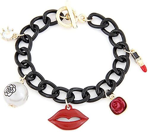 Buedvo Women Sexy Bracelet Lips Lipstick Pearl Decor Alloy Charm Jewelry Gift Black