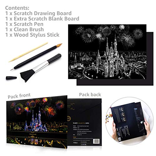 Ageqi Scratch Art Paper Rainbow Painting Sketch Pad for Adult and Kids, DIY Night View Scratchboard - 16'' x 11.2'' with 3 Tools (Dream Castle)