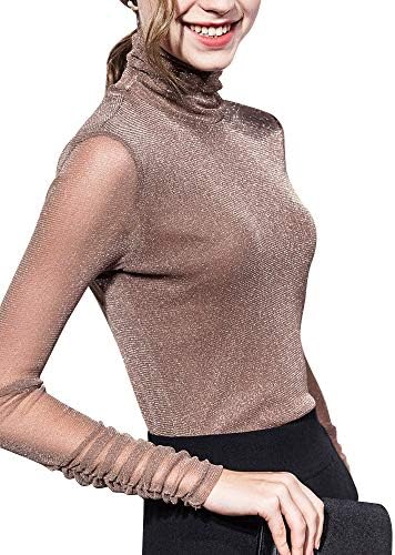 AnbenserWomen's Turtleneck Top Long Sleeve Slim Fit Shirts Mesh Sheer See Through Casual Blouse