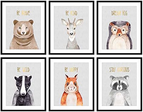 Bestbuddy Pet Set of 6 (8X10) Unframed Woodland Animals Bear Deer Hedgehog Bunny Raccoon Badger Nursery Wall Art Prints Real Gold Foil Baby Art Print BBPAP016