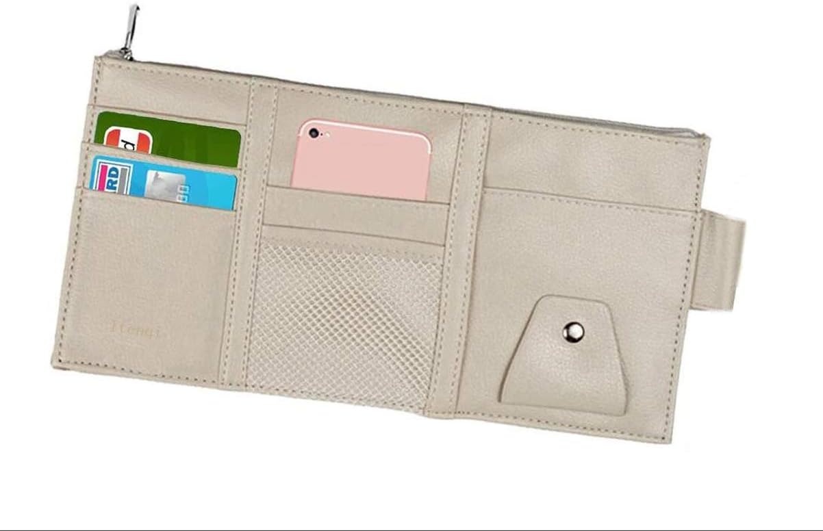 Car Sun Visor Organizer, Auto Interior Accessories Sunglass Pen CD Card Slots Document Pouch Holder PU Leather Multi-Pocket With Zipper Gray