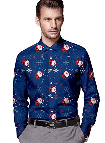 RAISEVERN Männlich Hawaiihemd Phantasie Neuheit Santa Schneemann Muster Langarm Shirts Schneeball Gedruckt Tops Blusen für Brothers Daddy\'s