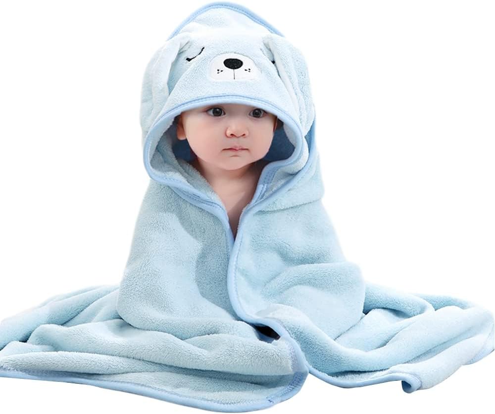 HiABsee Baby Towels with Hood Ultra Soft Coral Fleece 80x80cm Blue Dog