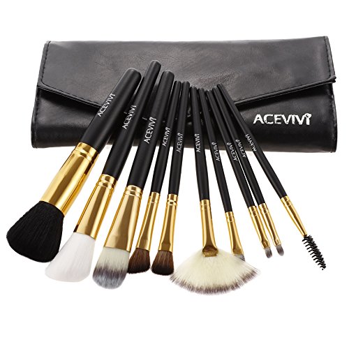 ACEVIVI 10 Pieces Makeup Brushes Set with Powder Blusher Cosmestic Kabuki Brushes with Synthetic Leather Case Black